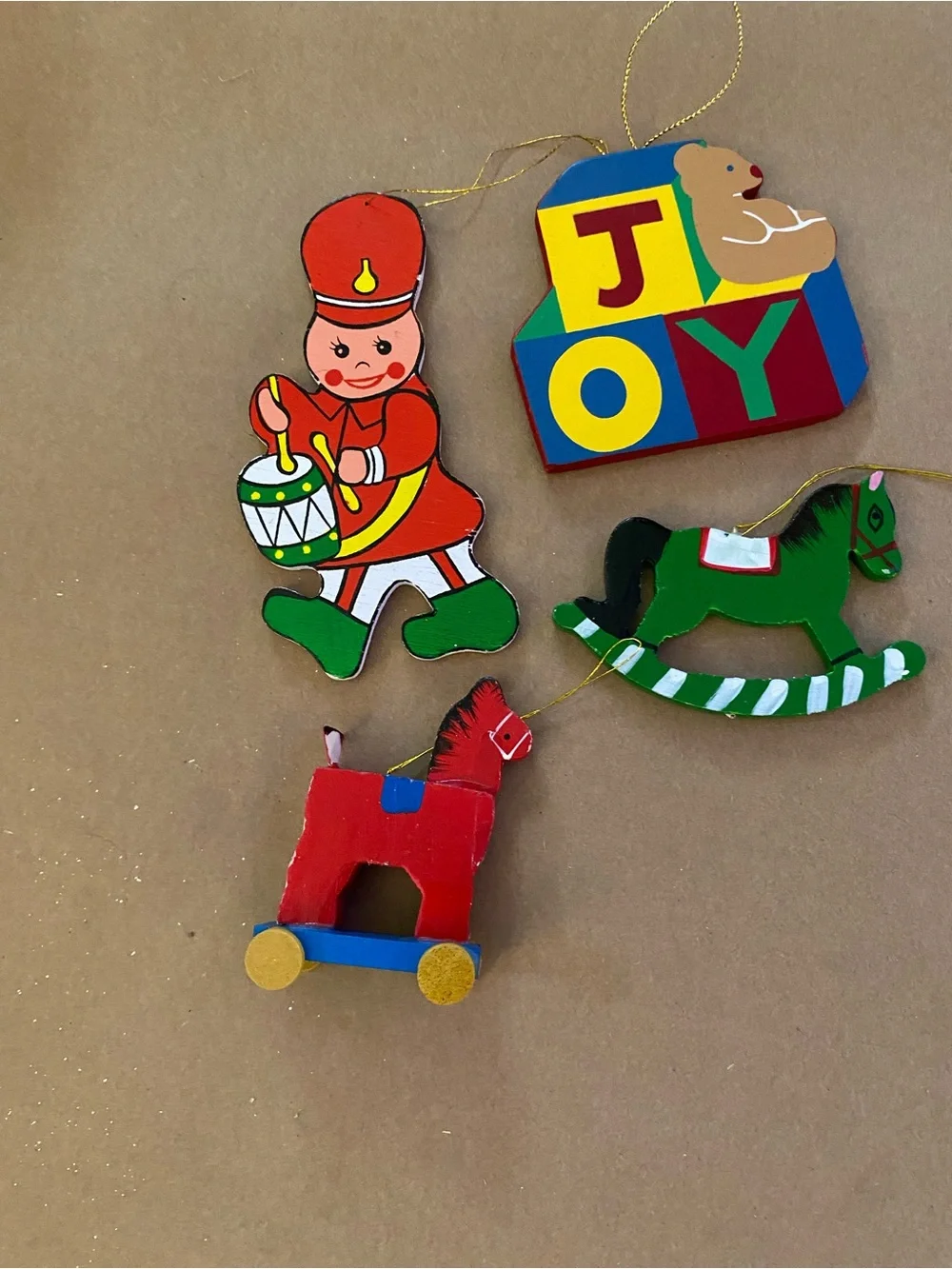 Vintage 90s Multicolor Wooden Toy Christmas Ornaments- horses blocks, drummer